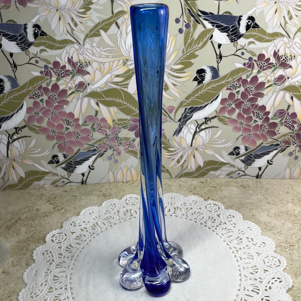 Art Glass Bud Vase 11.5" Cobalt Blue Swung Footed Base Twisted Elephant Foot MCM
